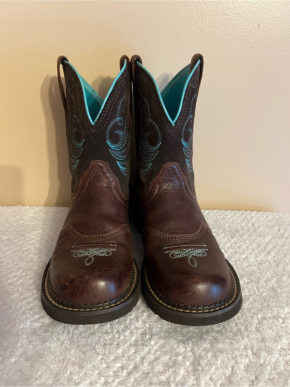 Women's Ariat Fat Baby Brown Leather Western Boots with Turquoise Stitching